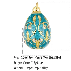 Enameled egg-shaped copper pendant with gold floral patterns and zircon accents