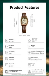 Detailed view of women's tonneau gold watch with roman numerals and brown leather strap