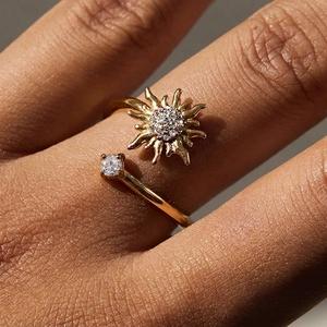 Sun Zircon Ring Stainless Steel Gold Plated Open Adjustable Fashion Jewelry For Women Elegant Starburst Finger Ornament