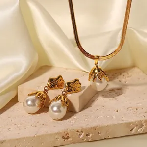 Artificial Baroque Pearl Jewelry Gold Plated Stainless Steel Snake Chain Necklace And Irregular Melted Metal Earrings For Women