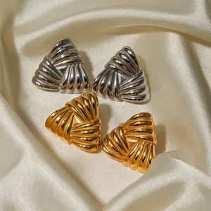 Stainless Steel Ribbed Triangle Stud Earrings For Women Electroplated 18K Gold Vintage Geometric Minimalist Jewelry Gift