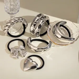 Stainless Steel Hair Ties Minimalist Mirror Metal Ponytail Holder High Elastic Geometric Heart Bow Hair Ring Women