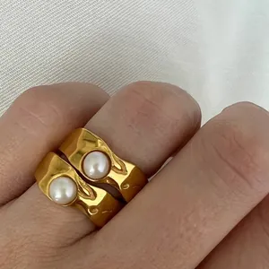 18K Gold Plated Stainless Steel Artificial Pearl Ring Irregular Lava Texture Hammered Wide Band INS Style For Women