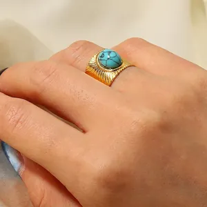 Bohemian 18K Gold Plated Stainless Steel Ring For Women Turquoise Sunburst Pattern Open Adjustable Swirl Sign Finger Ring