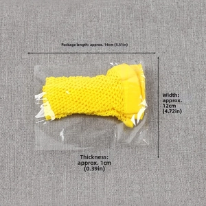 Detailed sizing of yellow mesh gloves showing length 14cm and width 12cm in packaging