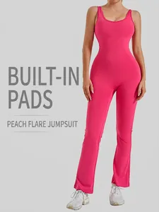 Damen Polyester Elasthan Rückenfreier Yoga Einteiler Ausgestelltes Bein Slim Fit Hochelastischer Sport Jumpsuit Yoga