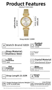 Detaillierte technische Daten und Abmessungen der goldenen Quarzuhr für Damen