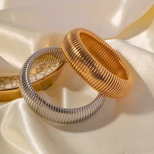 Wide Ribbed Tubogas Bangle Bracelet Stainless Steel Elastic Flexible Gold Silver Plated Luxury Minimalist Women