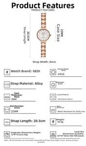 Detailed specs of the vintage GEDI rose gold quartz watch with alloy bracelet