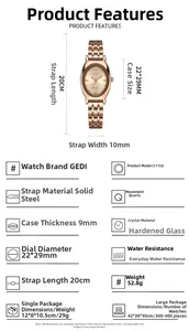 Specificaties van GEDI roségoud horloge met ovale kast en stalen horlogeband