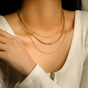 Stainless Steel Triple Layer Snake Chain Necklace For Women 18K Gold Silver Plated Stacking Flat Herringbone Bone Jewelry