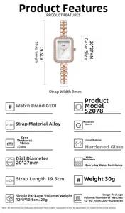 Detail of rose gold quartz watch with pearl strap and diamond-encrusted rectangle bezel