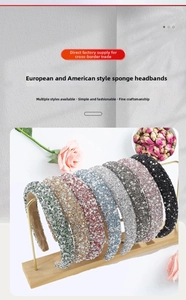 Detail of sponge padded headbands with sparkling rhinestones in seven assorted colors
