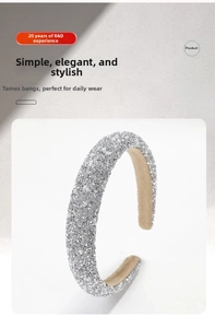 Detail of wide sparkling rhinestone headband with premium beige velvet inner lining