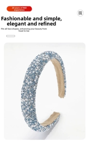 Detailed view of handmade wide headband with rows of light blue and white beads and sequins