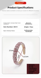 Detail view of red and white rhinestone sponge headband with product dimensions and specs