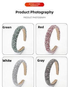Detail view of padded headbands featuring sparkling rhinestones and white pearls in four colors