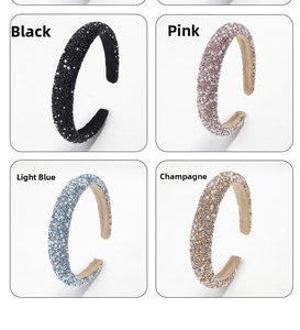 Close-up of padded headbands in four colors with pearls and crystals and non-slip lining