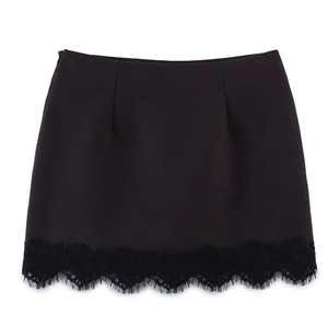 Close-up of high-waist A-line skirt with detailed eyelash lace hem and side zipper