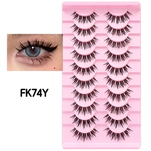 Detail view of 10 pairs cross-clustered black false eyelashes in pink plastic tray