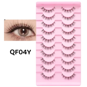 Macro detail of natural thin line fake eyelashes set and eye makeup effect QF04Y