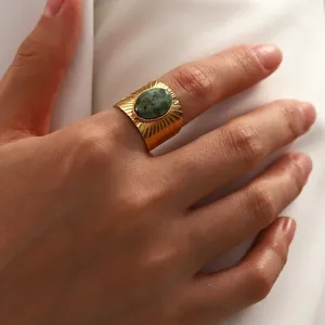Vintage Stainless Steel Open Ring For Women Gold Plated Sunburst Pattern African Turquoise Inlaid Bohemian Fashion Jewelry