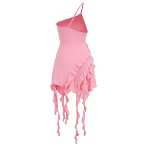 Detail of pink one-shoulder dress featuring ruffled layers and elegant wavy drapes