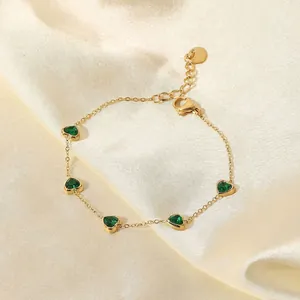 Bracelet Zircon Vert Cœur Plqué Or 14K Acier Inoxydable Style Rétro Français Bijoux Réglables Pour Femmes