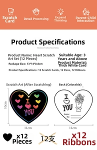 Detailed view of DIY heart scratch art set including cards, wood pens, and ribbons