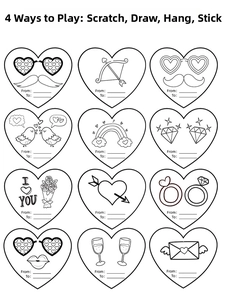 Macro view of 12 DIY scratch-off heart cards with romantic patterns for Valentine's Day