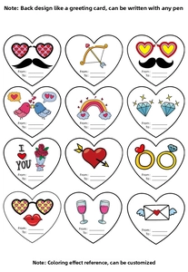 Detail of 12 heart-shaped Valentine cards with hand-drawn romantic icons and To/From lines