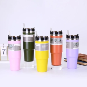 Various sizes and colors of vacuum insulated stainless steel tumblers with functional lids