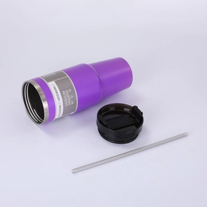 Detail view of purple 30oz vacuum insulated mug with lid and straw components