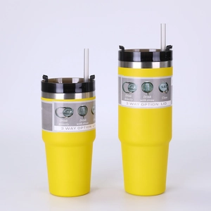 Detail of yellow stainless steel tumbler set featuring matte finish and 3-way lid design