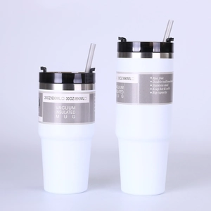 Two sizes of white stainless steel vacuum insulated tumblers with lids and straws