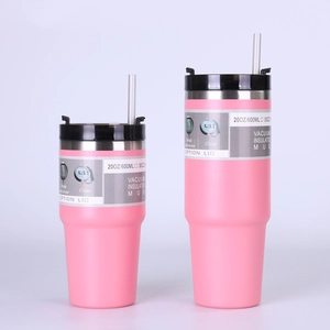 Detail view of 20oz and 30oz pink stainless steel insulated tumblers with lids and straws