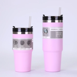 Detail view of pink 20oz and 30oz vacuum insulated mugs with 3-way lids and straws