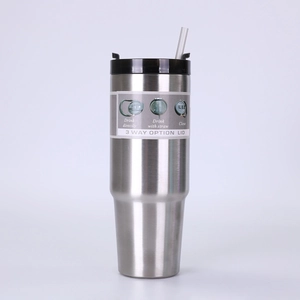 Detail of 3-way option lid on 30oz stainless steel tumbler with straw and swivel top