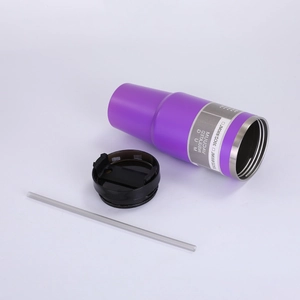 Purple 30oz vacuum insulated stainless steel tumbler with straw and lid on white back