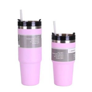 Pink double wall insulated stainless steel tumbler with straw in 30oz and 20oz sizes