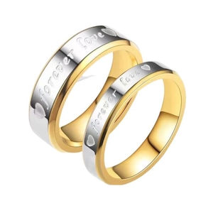 Polished stainless steel couple rings with Forever Love engraving and gold interior