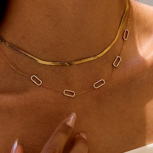 Stainless Steel Double Layered Necklace With Rhinestone Rectangular Pendants And Snake Chain Gold Plated Fashion Jewelry For Women