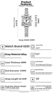 Detailed specs of GEDI square silver quartz watch with dimensions and material info