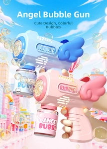 Detail view of blue and pink angel bubble guns with cloud wings and liquid bottles