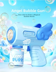 Close-up of light blue angel wing electric bubble gun with 3D cartoon design and bubble bottle
