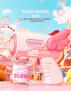 Close-up of pink electric angel wing bubble gun for kids with transparent bottle