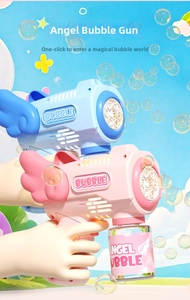 Detail of blue and pink winged bubble machine gun with multi-hole design for kids