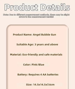Detailed specifications for the angel bubble gun showing size, age, and battery needs