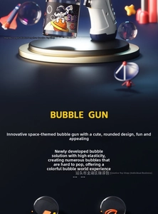 Close-up of astronaut bubble gun set with liquid bottle on tiered 3D display stand