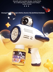 Close-up of astronaut bubble gun with a liquid bottle and matte textured finish